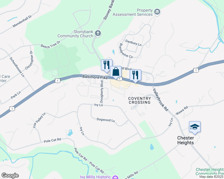 map of restaurants, bars, coffee shops, grocery stores, and more near 2212 Lydia Hollow Drive in Glen Mills