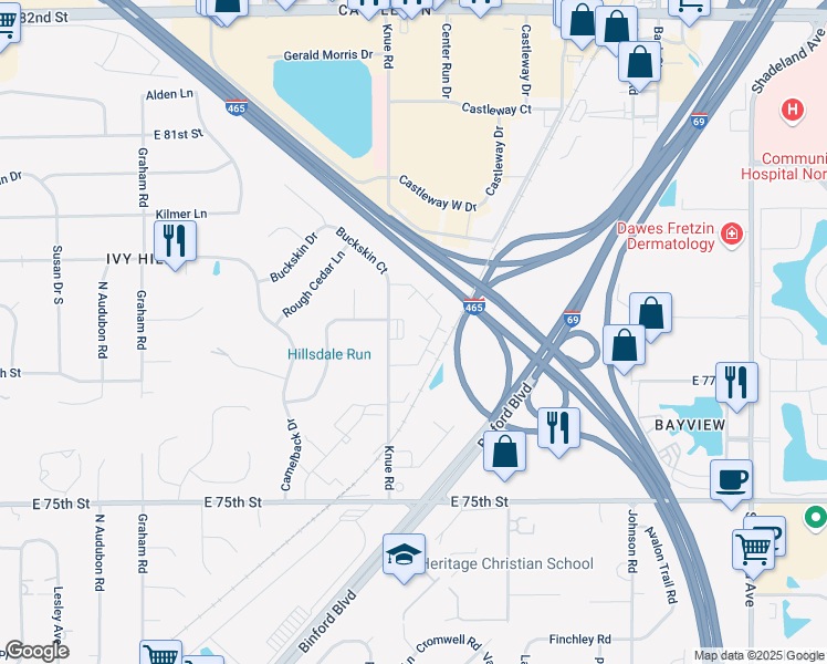 map of restaurants, bars, coffee shops, grocery stores, and more near 7737 Knue Road in Indianapolis