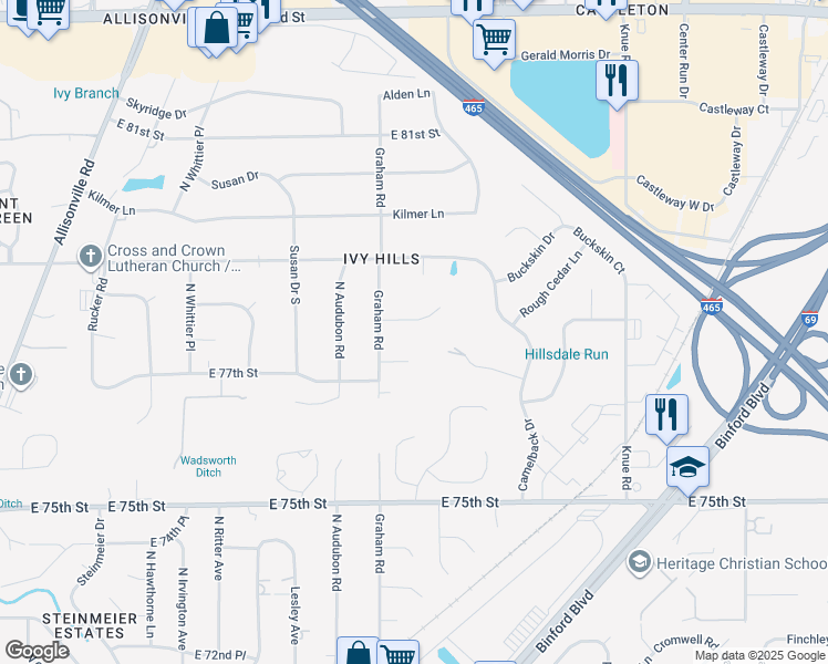 map of restaurants, bars, coffee shops, grocery stores, and more near 5833 Eastview Court in Indianapolis