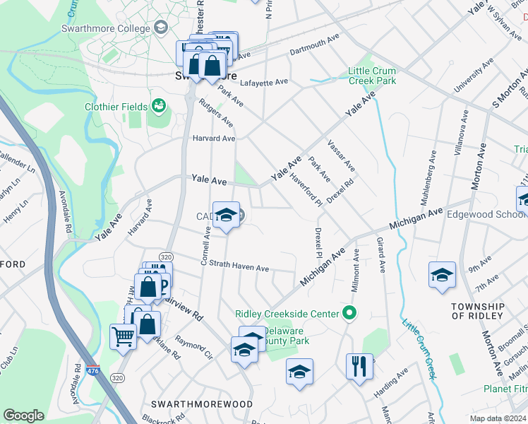 map of restaurants, bars, coffee shops, grocery stores, and more near 246 Bowdoin Avenue in Swarthmore