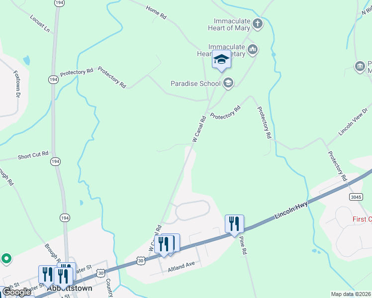map of restaurants, bars, coffee shops, grocery stores, and more near 6207 West Canal Road in Abbottstown