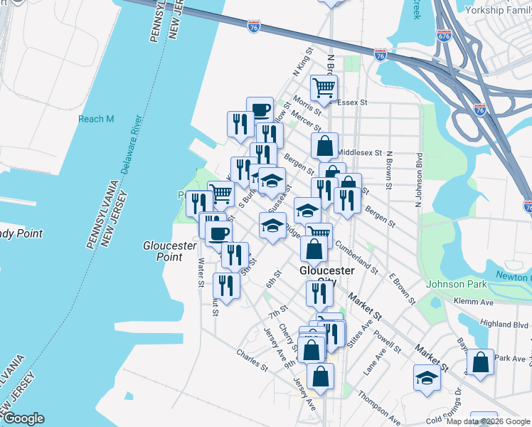 map of restaurants, bars, coffee shops, grocery stores, and more near 337 Market Street in Gloucester City