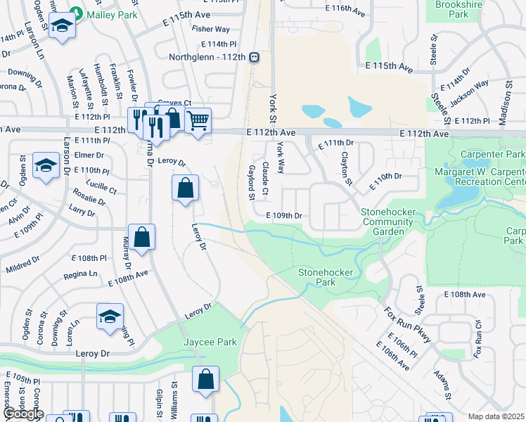 map of restaurants, bars, coffee shops, grocery stores, and more near 2257 East 109th Drive in Northglenn