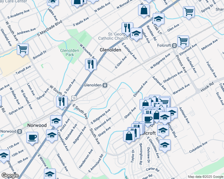 map of restaurants, bars, coffee shops, grocery stores, and more near 100 East Glenolden Avenue in Glenolden