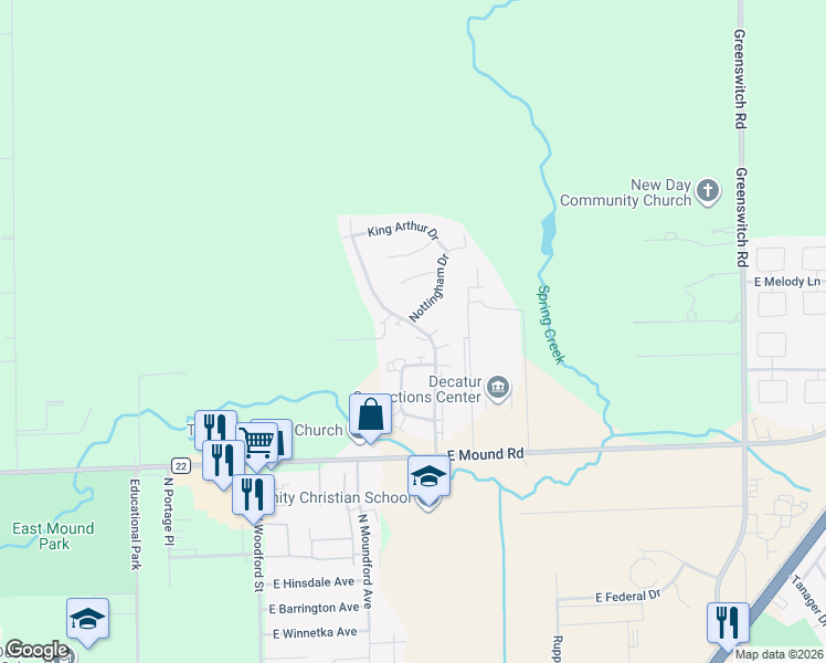 map of restaurants, bars, coffee shops, grocery stores, and more near 3999 Camelot Drive in Decatur