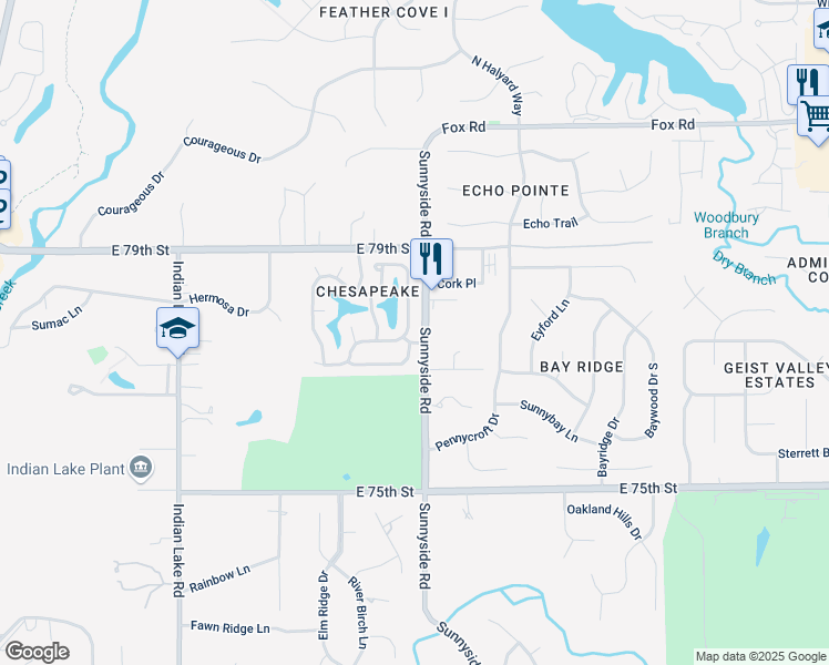 map of restaurants, bars, coffee shops, grocery stores, and more near 10757 Chesapeake Drive South in Indianapolis