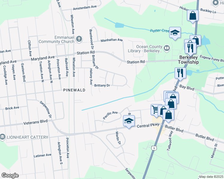 map of restaurants, bars, coffee shops, grocery stores, and more near 2 Ravenwood Court in Ocean County