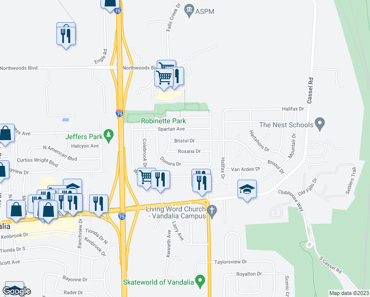 map of restaurants, bars, coffee shops, grocery stores, and more near 837 Roxana Drive in Vandalia