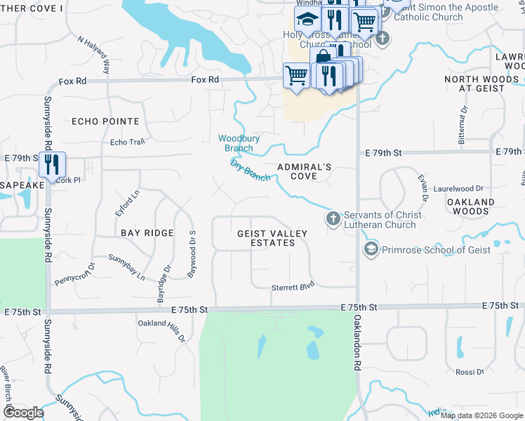 map of restaurants, bars, coffee shops, grocery stores, and more near 11438 Old Oakland Boulevard North Drive in Indianapolis