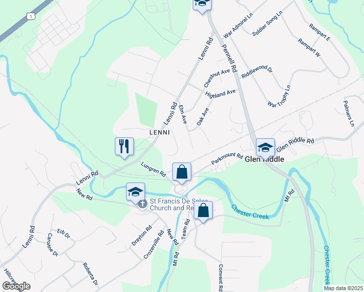 map of restaurants, bars, coffee shops, grocery stores, and more near 13 Reservation Trail in Glen Riddle