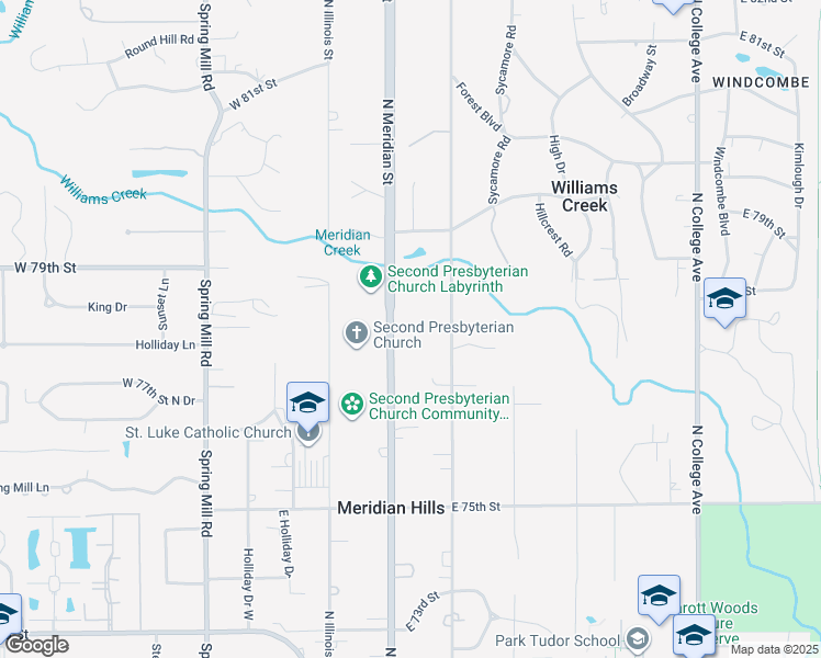 map of restaurants, bars, coffee shops, grocery stores, and more near 7775 North Meridian Street in Indianapolis