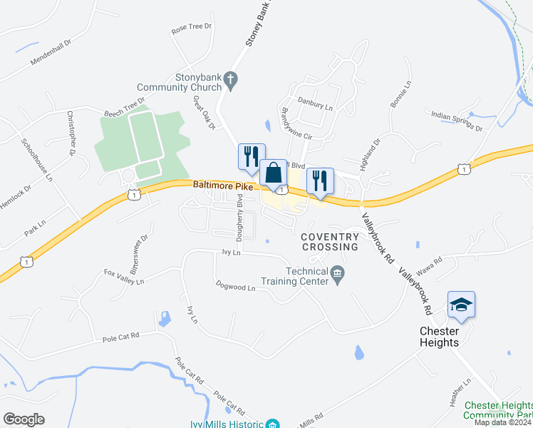 map of restaurants, bars, coffee shops, grocery stores, and more near 2310 Lydia Hollow Drive in Delaware County
