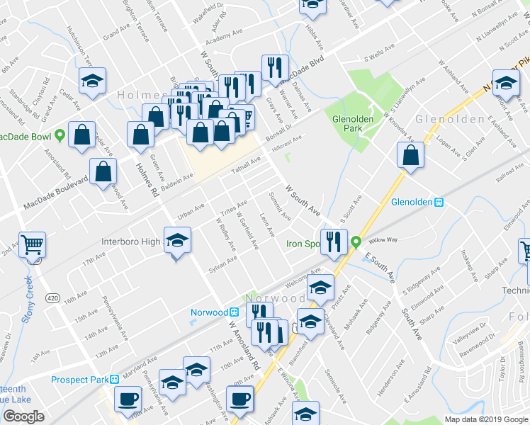 map of restaurants, bars, coffee shops, grocery stores, and more near 227 Leon Avenue in Norwood