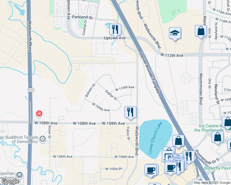 map of restaurants, bars, coffee shops, grocery stores, and more near 10942 Zephyr Street in Westminster