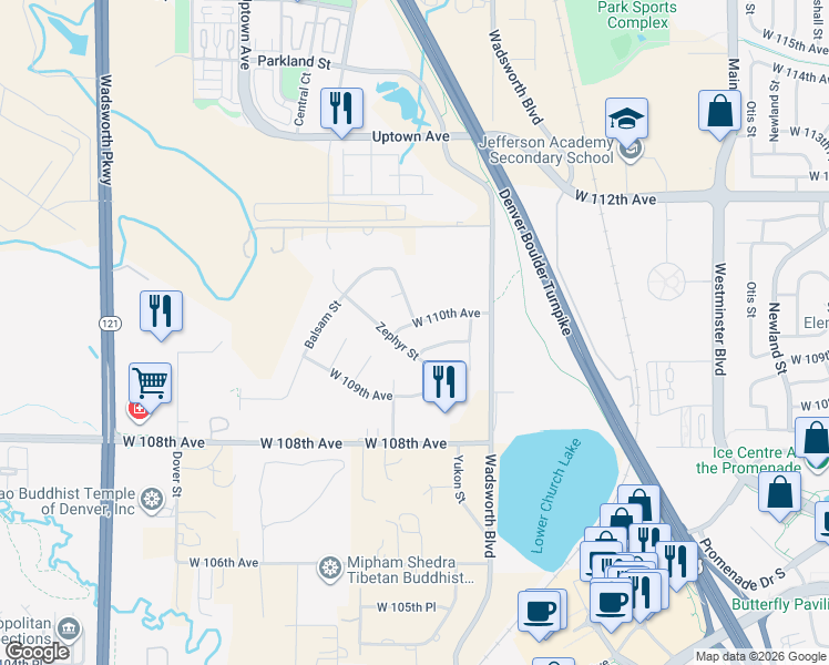map of restaurants, bars, coffee shops, grocery stores, and more near 10942 Zephyr Street in Westminster