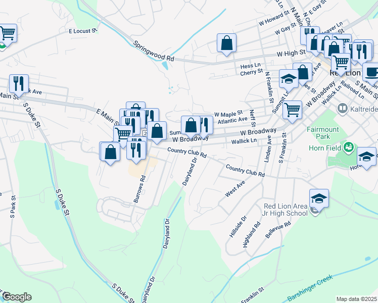 map of restaurants, bars, coffee shops, grocery stores, and more near 130 Dairyland Drive in Dallastown