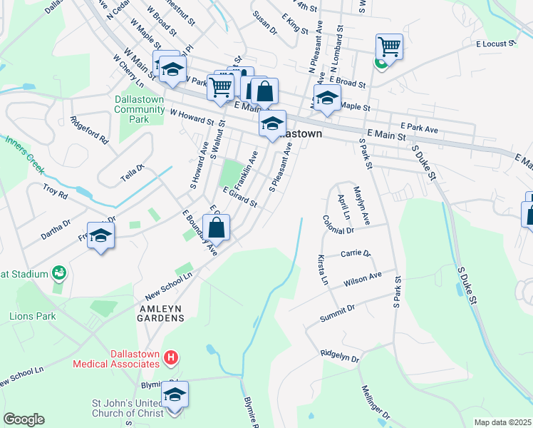 map of restaurants, bars, coffee shops, grocery stores, and more near 324 South Pleasant Avenue in Dallastown