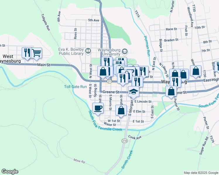 map of restaurants, bars, coffee shops, grocery stores, and more near 96 South Morris Street in Waynesburg