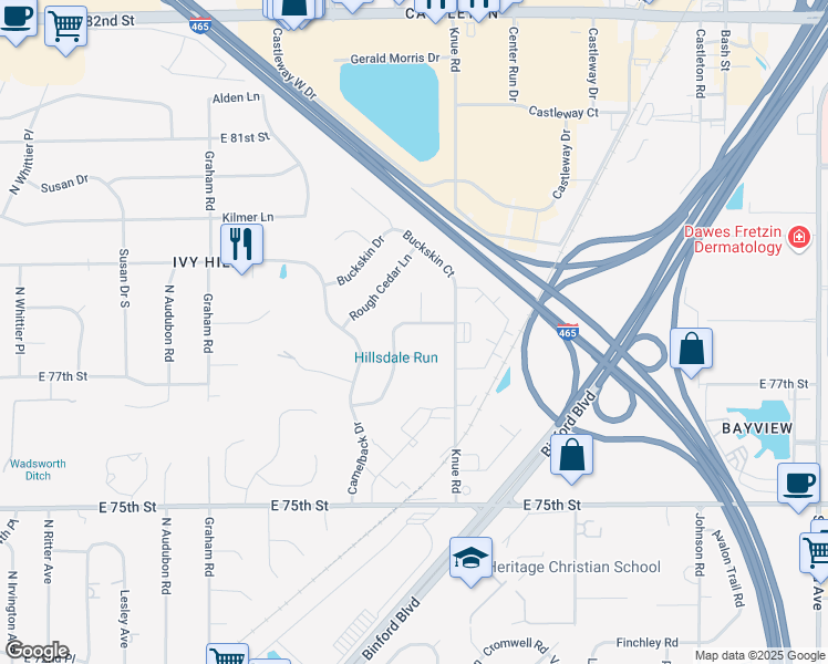 map of restaurants, bars, coffee shops, grocery stores, and more near 7757 Redcoach Drive in Indianapolis