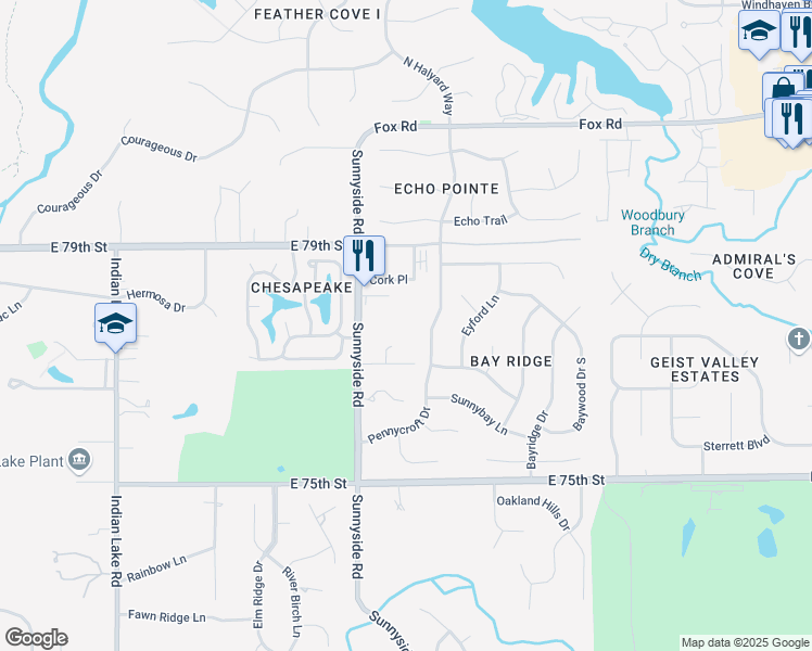 map of restaurants, bars, coffee shops, grocery stores, and more near 10930 East 77th Street in Indianapolis
