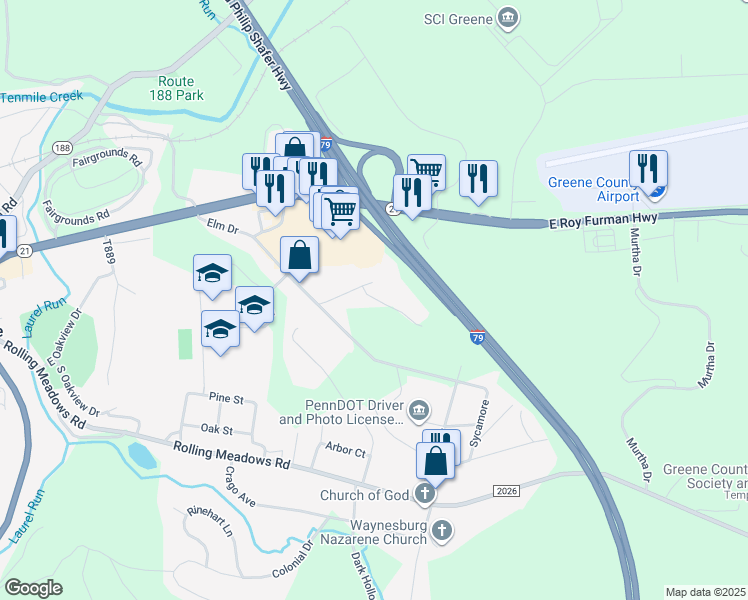 map of restaurants, bars, coffee shops, grocery stores, and more near 240 Cedar Ridge Road in Waynesburg