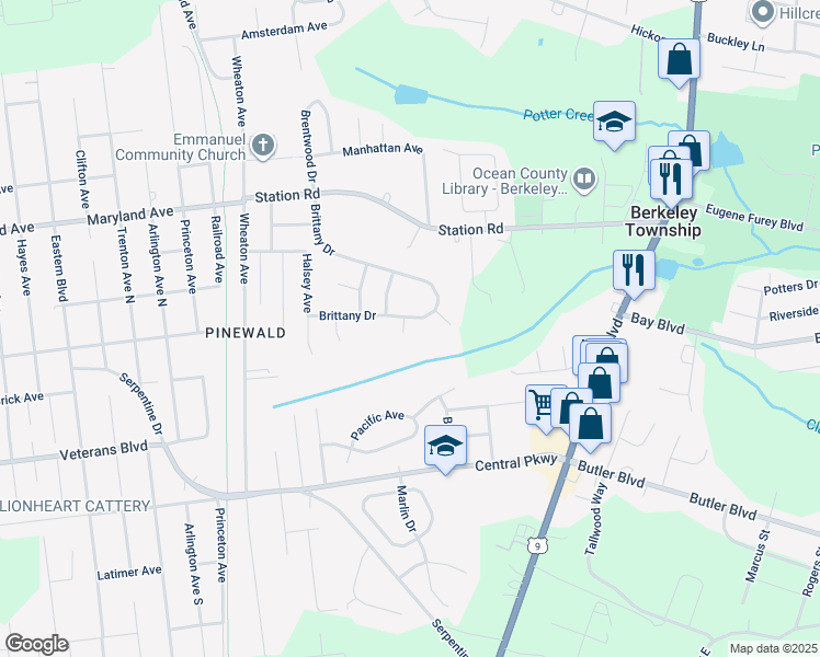 map of restaurants, bars, coffee shops, grocery stores, and more near Dahlia Court in Berkeley Township