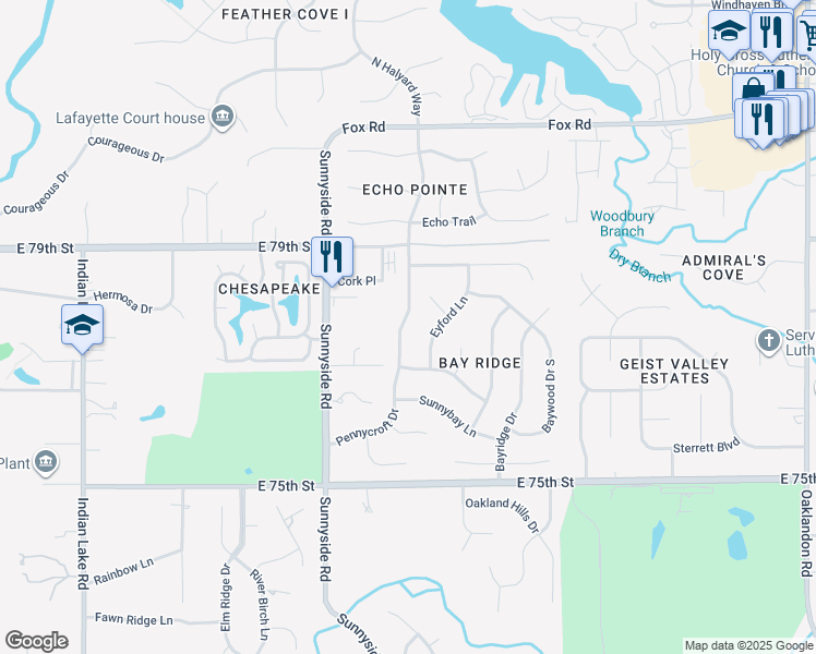 map of restaurants, bars, coffee shops, grocery stores, and more near 7741 Pennycroft Drive in Indianapolis