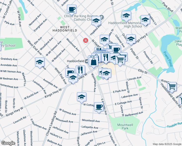map of restaurants, bars, coffee shops, grocery stores, and more near 18 Washington Avenue in Haddonfield