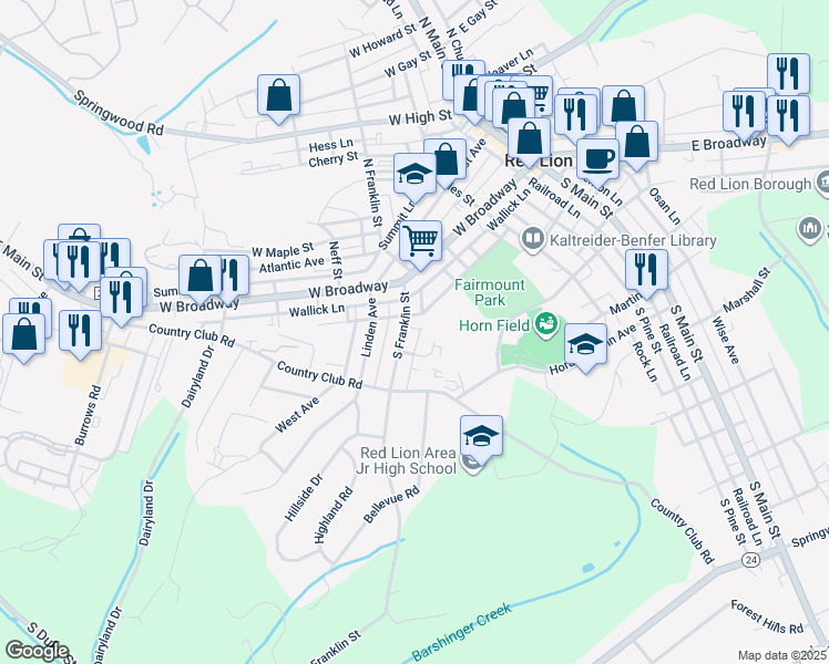 map of restaurants, bars, coffee shops, grocery stores, and more near 115 South Franklin Street in Red Lion