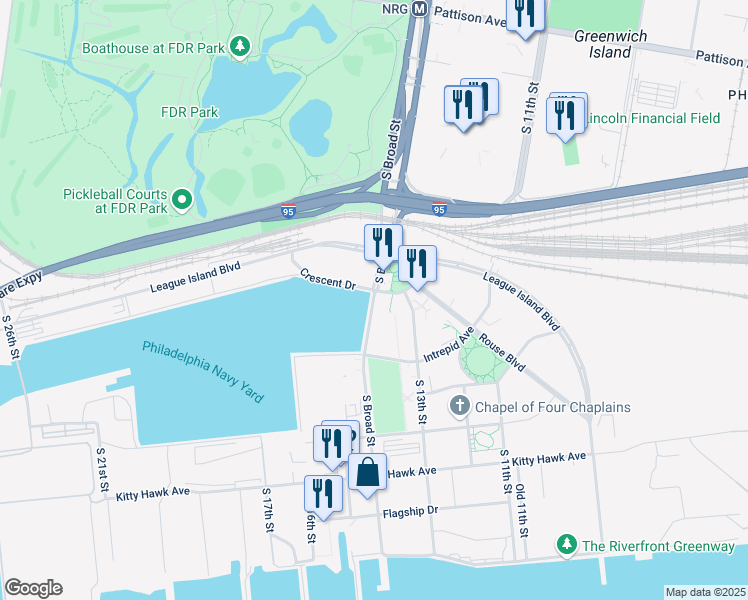 map of restaurants, bars, coffee shops, grocery stores, and more near 4600 South Broad Street in Philadelphia