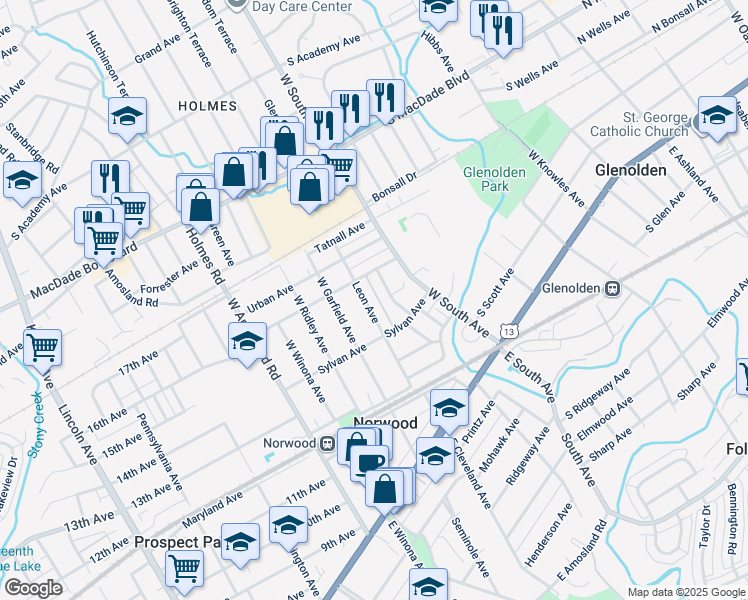map of restaurants, bars, coffee shops, grocery stores, and more near 227 Leon Avenue in Norwood