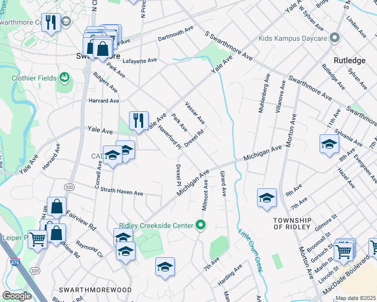 map of restaurants, bars, coffee shops, grocery stores, and more near 407 Haverford Place in Swarthmore