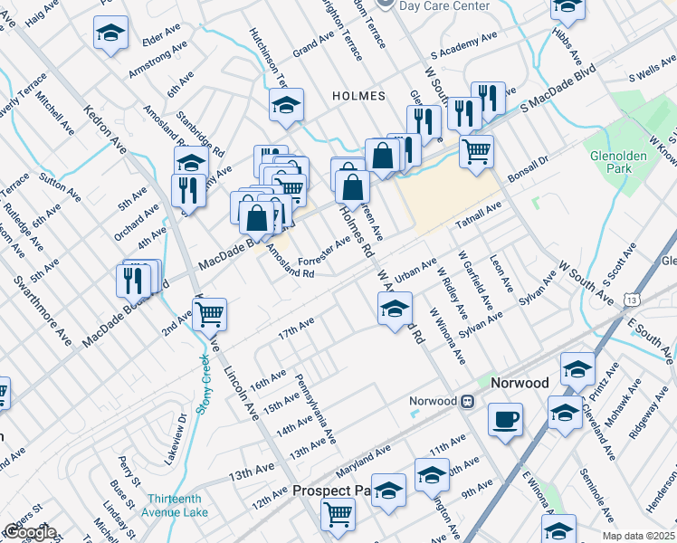 map of restaurants, bars, coffee shops, grocery stores, and more near 114 Norwood Avenue in Holmes