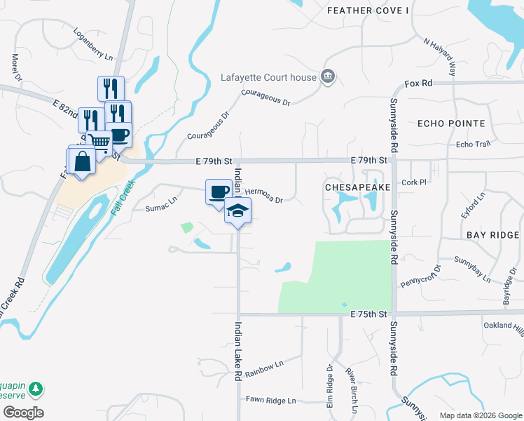 map of restaurants, bars, coffee shops, grocery stores, and more near 7741 Indian Lake Road in Indianapolis
