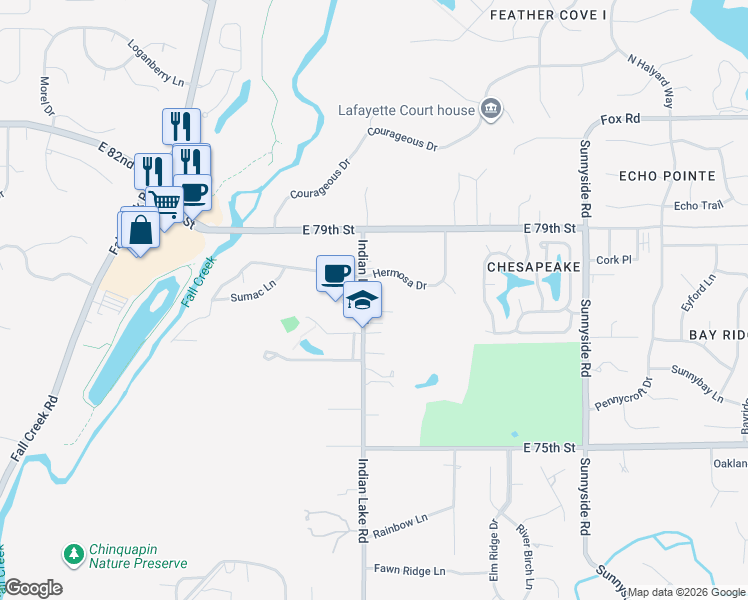 map of restaurants, bars, coffee shops, grocery stores, and more near 7741 Indian Lake Road in Indianapolis