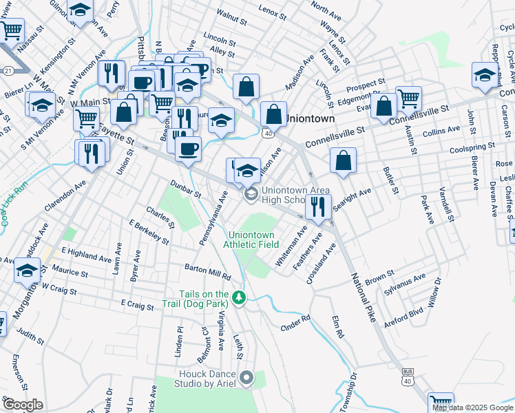 map of restaurants, bars, coffee shops, grocery stores, and more near 146 East Fayette Street in Uniontown