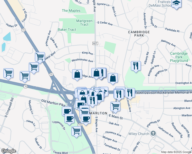 map of restaurants, bars, coffee shops, grocery stores, and more near 34 North Maple Avenue in Evesham Township