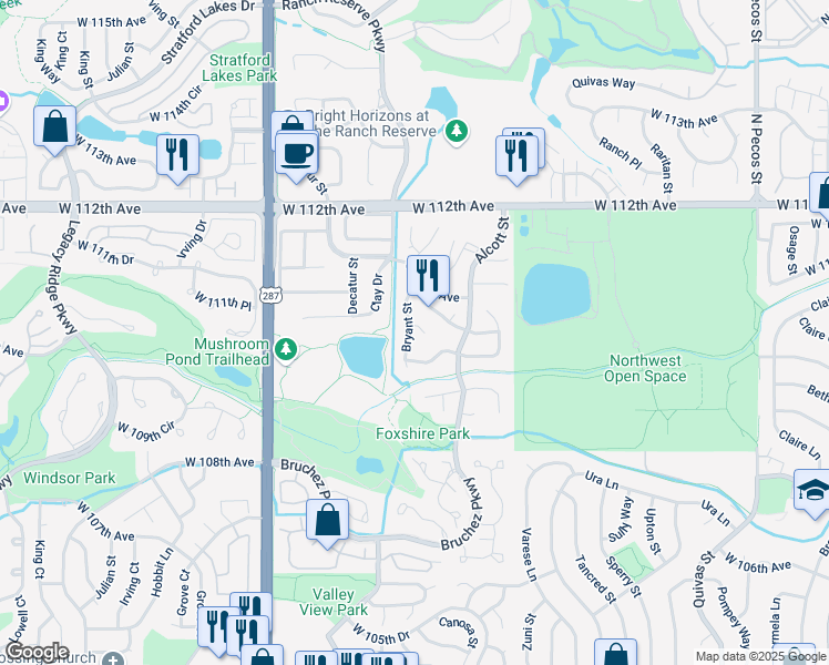 map of restaurants, bars, coffee shops, grocery stores, and more near 10920 North Bryant Street in Westminster