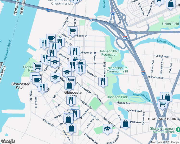 map of restaurants, bars, coffee shops, grocery stores, and more near 827 Bergen Street in Gloucester City
