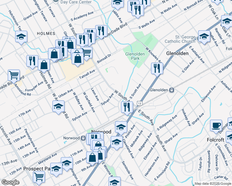 map of restaurants, bars, coffee shops, grocery stores, and more near 102 West South Avenue in Glenolden