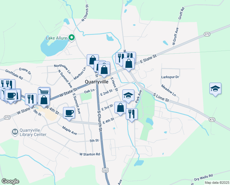 map of restaurants, bars, coffee shops, grocery stores, and more near 108 South Hess Street in Quarryville