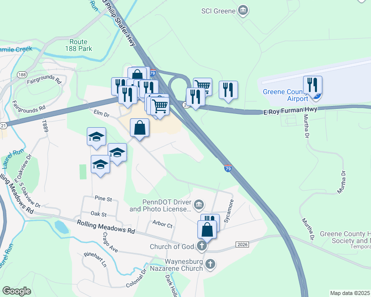 map of restaurants, bars, coffee shops, grocery stores, and more near 240 Cedar Ridge Road in Waynesburg