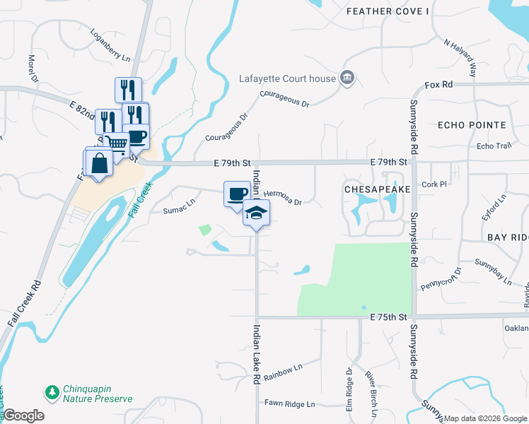 map of restaurants, bars, coffee shops, grocery stores, and more near 7741 Indian Lake Road in Indianapolis