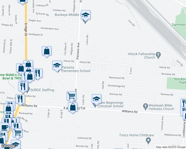 map of restaurants, bars, coffee shops, grocery stores, and more near 432 Basswood Road in Columbus