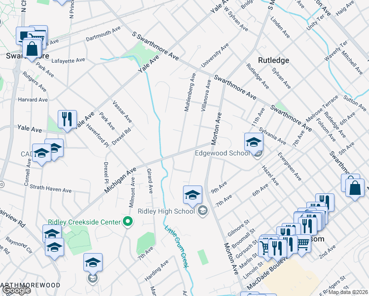 map of restaurants, bars, coffee shops, grocery stores, and more near 208 Michigan Avenue in Swarthmore