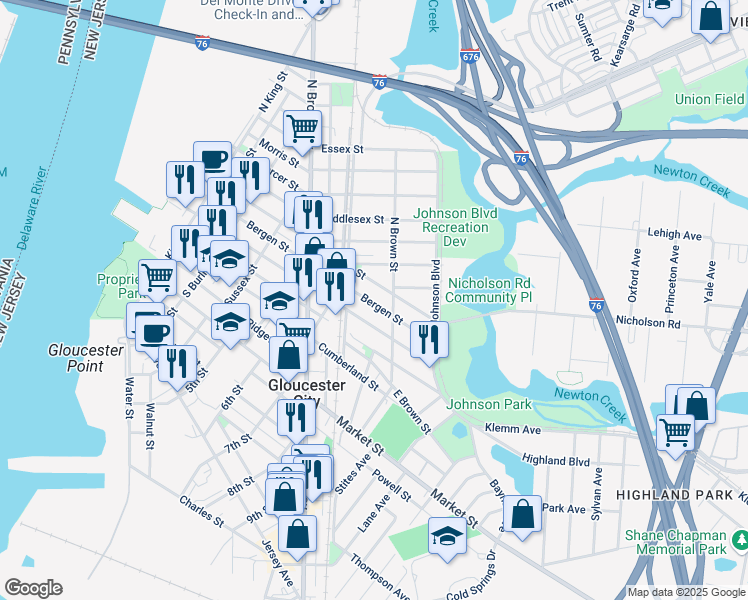 map of restaurants, bars, coffee shops, grocery stores, and more near 827 Bergen Street in Gloucester City
