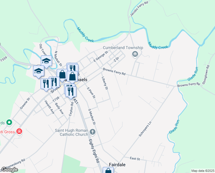 map of restaurants, bars, coffee shops, grocery stores, and more near 211 Liberty Street in Carmichaels