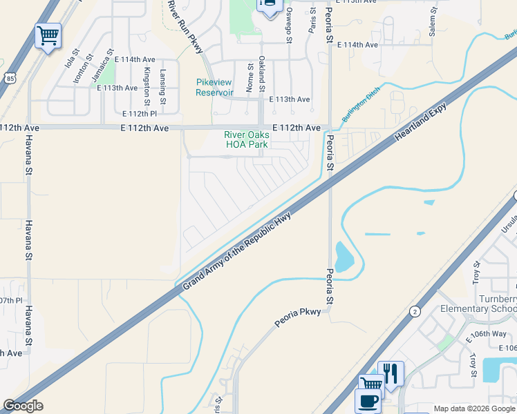 map of restaurants, bars, coffee shops, grocery stores, and more near 11530 River Oaks Lane in Henderson
