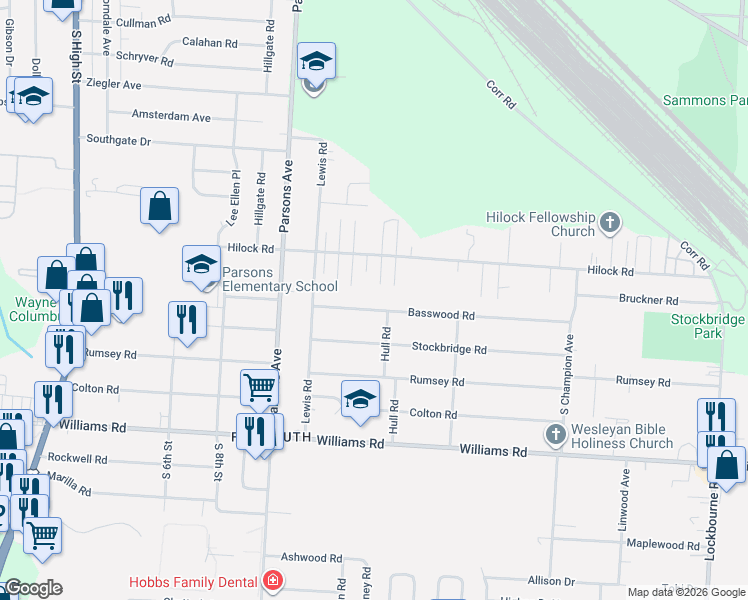 map of restaurants, bars, coffee shops, grocery stores, and more near 465 Basswood Road in Columbus