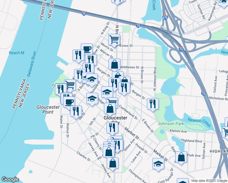map of restaurants, bars, coffee shops, grocery stores, and more near 22 South Broadway in Gloucester City